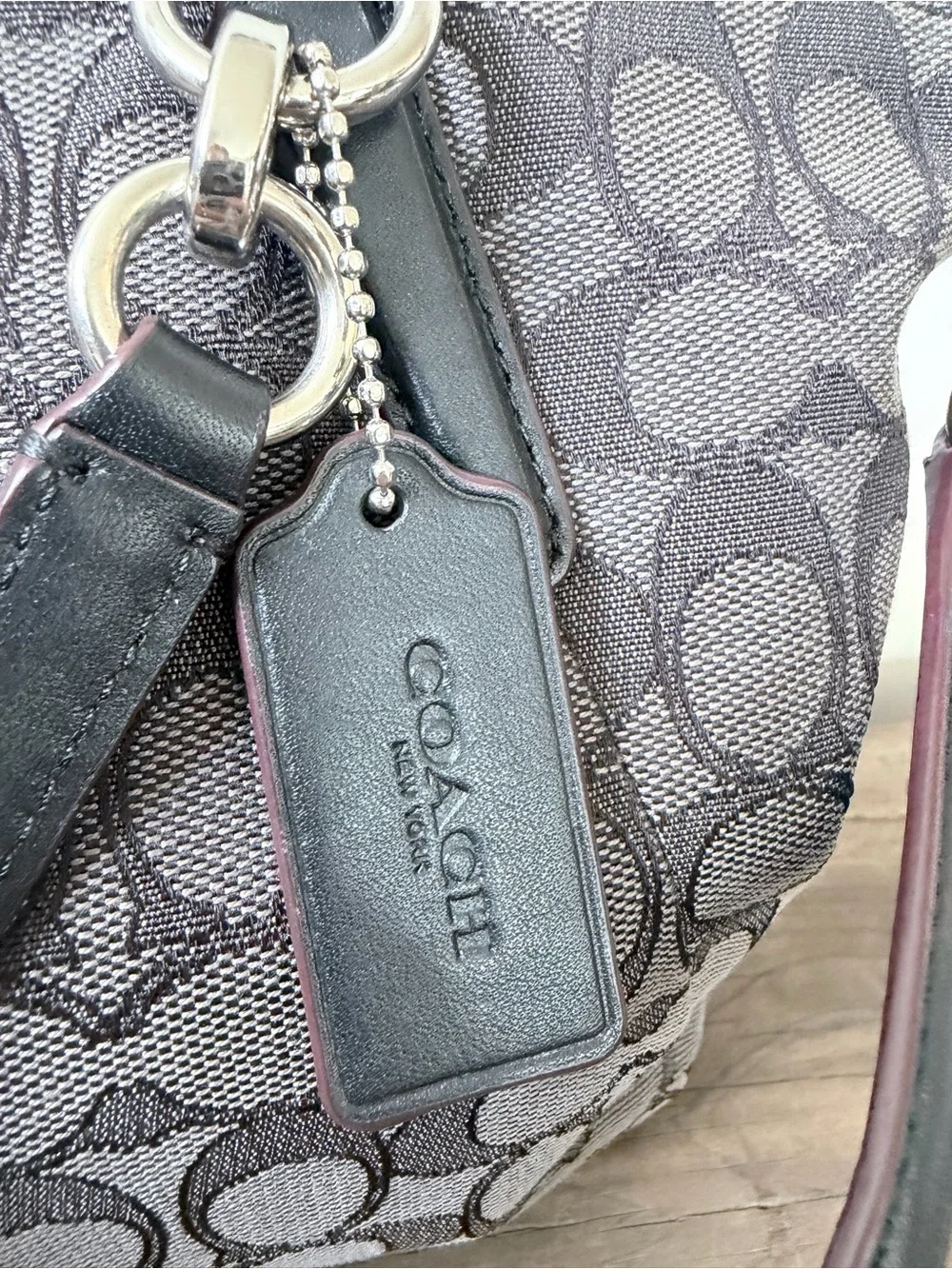 Coach Gray Signature Canvas Kelsey Satchel Bag with Black Leather Trim and Strap